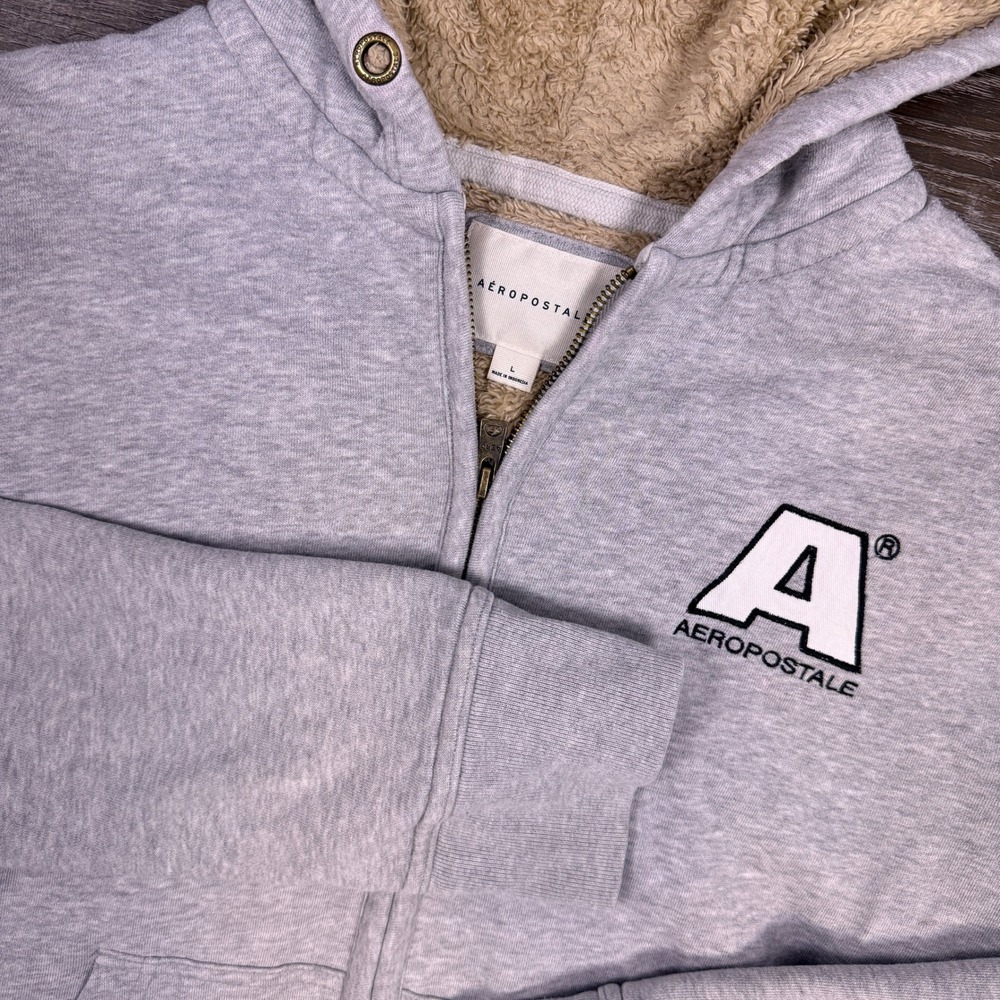 Aeropostale Hoodie Mens L Gray Sherpa Faux Fur Lined Full Zip Logo Sweatshirt
